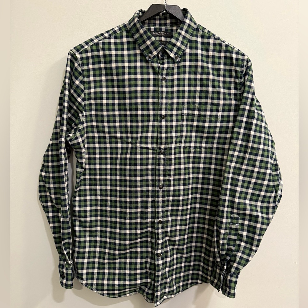 Banana Republic - Luxe Flannel Grant Fit Button Down - Green/Navy - XL